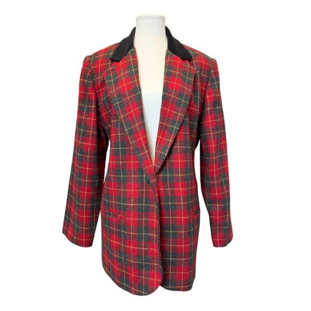 VTG Sag Harbor 14 Wool Tartan Red Blazer Velvet Collar Christmas Holiday Plaid